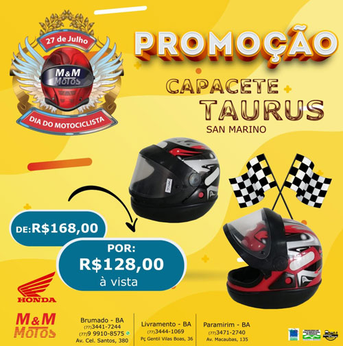 M & M Motos lança promoção de capacete Taurus San Marino