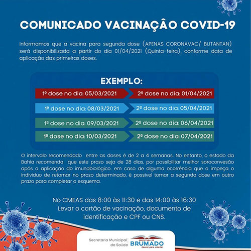 Brumado: Aplicação da 2ª dose de vacina contra Covid-19 será iniciada dia 1° de abril