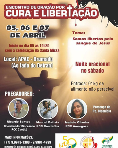  Renovação Carismática Católica de Brumado promoverá Encontro de Oração por Cura e Libertação