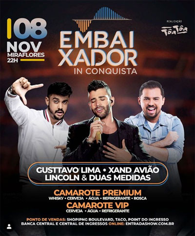 Festa Embaixador In Conquista acontecerá com shows de Gusttavo Lima, Xand Avião e Lincoln & Duas Medidas