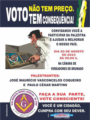 Brumado: Nesta quarta (20) a Loja Maçônica Manoel Carvalho lança campanha 'Voto não tem preço. Tem Consequência'