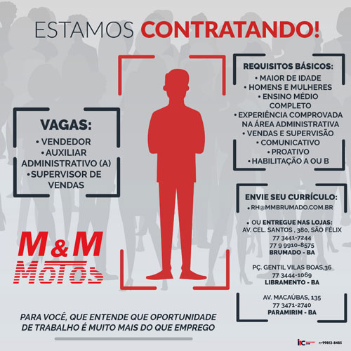 M & M Motos está contratando Vendedor, Auxiliar Administrativo e Supervisor de Vendas