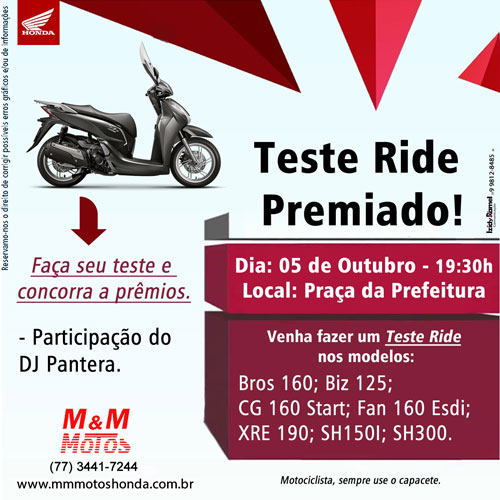 Brumado: M & M Motos promoverá Teste Ride na Praça da Prefeitura 