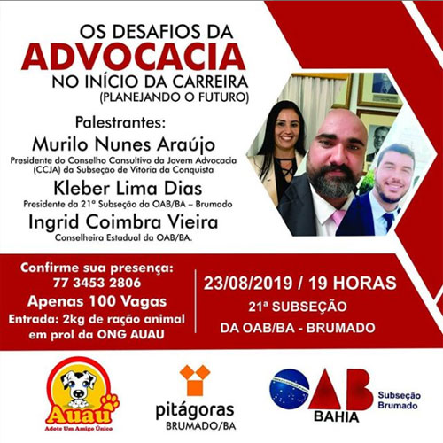 Brumado: 21ª Subseção da OAB/BA realizará evento destinado aos estudantes de Direito e jovens advogados