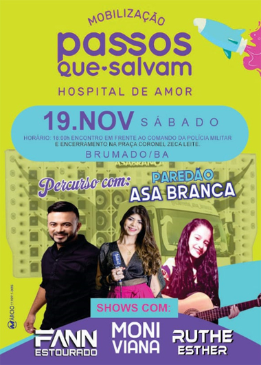 Brumado: Mobilização 'Passos que Salvam' com shows de Fann Estourado, Moni Viana e Ruthe Ester.