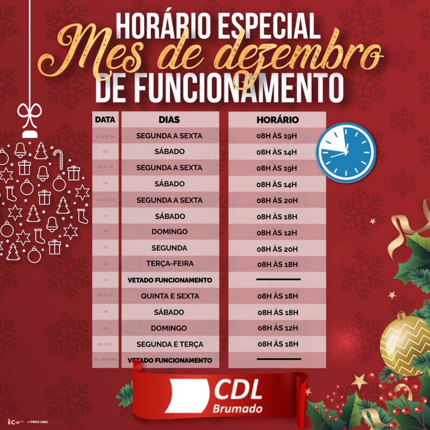 Brumado: CDL divulga o horário de atendimento no comércio durante o mês de dezembro