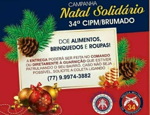 Brumado: Polícia Militar promove arrecadação de alimentos, brinquedos e roupas para a Campanha Natal Solidário; Contribua você também 