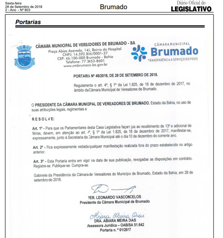 Câmara de Vereadores de Brumado - Portaria Nº 048/2018