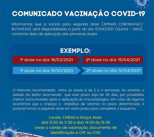 Brumado: Secretaria realizará nesta quinta (15) vacinação 2ª dose Covid-19