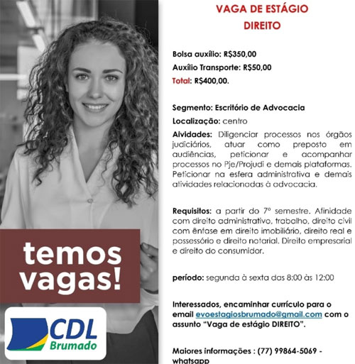 Oportunidade: 02 vagas de estágio para estudantes de Direito em Brumado