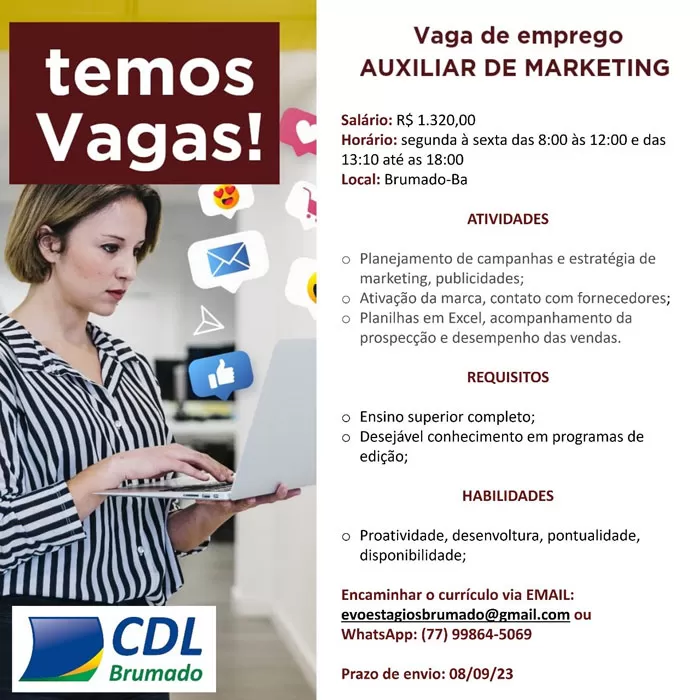 Oportunidade de Emprego: Vaga para Auxiliar de Marketing em Brumado