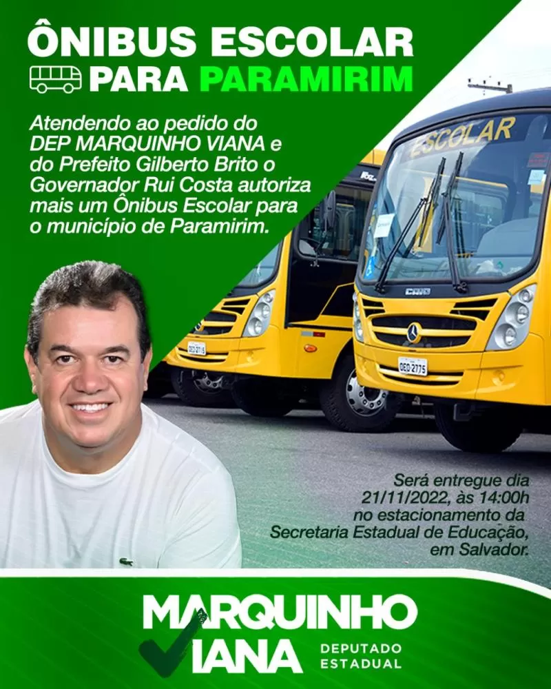 Deputado Marquinho Viana conquista ônibus escolar para Paramirim