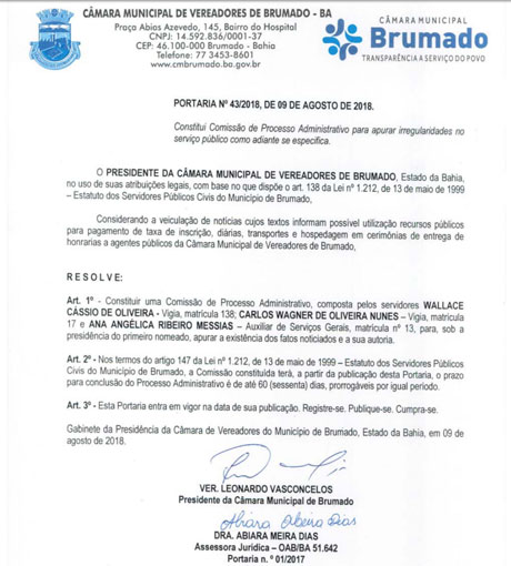 Câmara de Vereadores de Brumado - Portaria Nº Portaria nº 43/2018