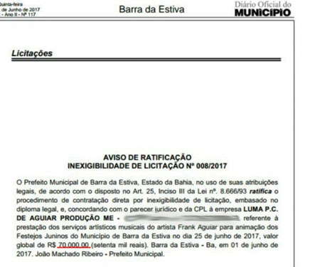 Prefeitura de Barra da Estiva paga o dobro do cachê de outras cidades por show de Frank Aguiar no São João