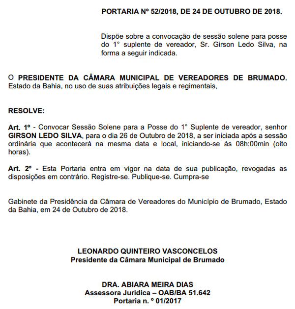 Câmara de Vereadores de Brumado - Portarias Nºs 52 e 53/2018