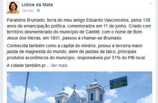 Senadora Lídice da Mata parabeniza Brumado pelos seu aniversário