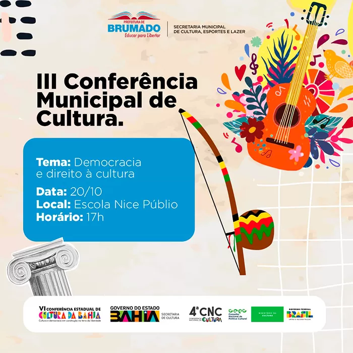Brumado: III Conferência Municipal de Cultura acontecerá nesta sexta (20/10) no auditório da Escola Municipal Nice Públio