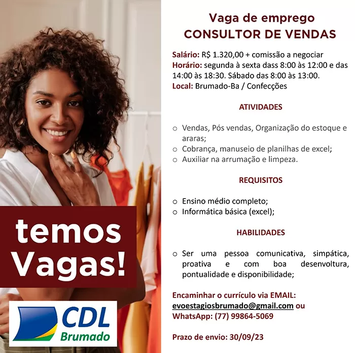 Vaga de emprego para Consultor de Vendas em Brumado