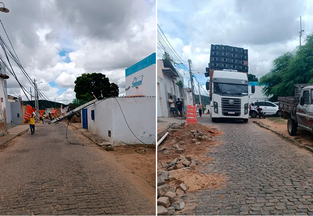 Caminhão de carga alta atinge fios e derruba poste no centro de Brumado