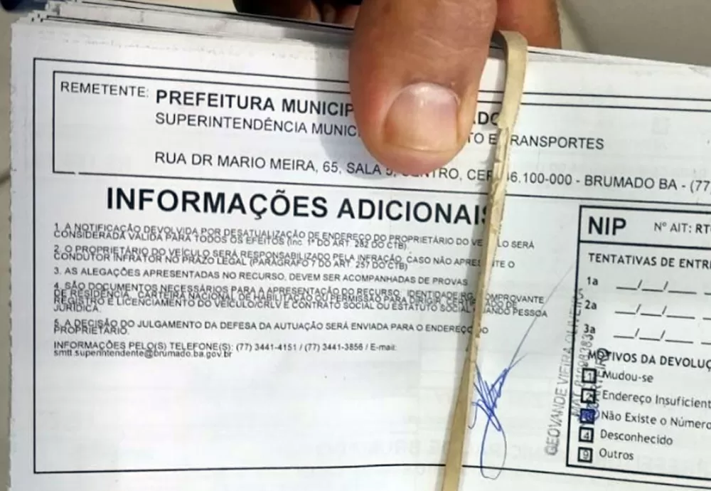 Muitas notificações de multas retornam ao órgão de trânsito de Brumado devido a endereços desatualizados
