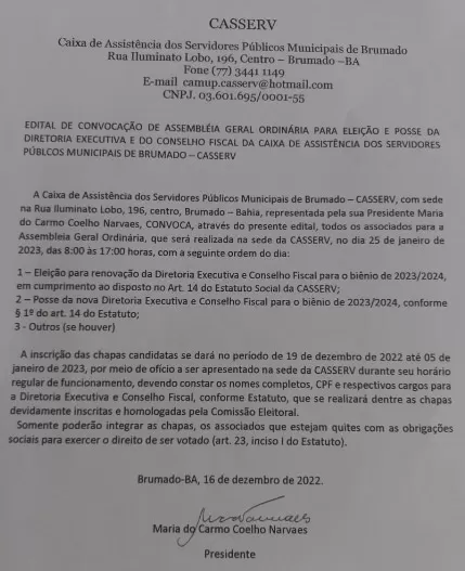 Brumado: CASSERV realizará Assembleia para eleição da nova diretoria