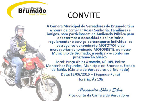 Presidente da Câmara convida para audiência pública que debaterá regularização de serviços de mototáxi e motofrete