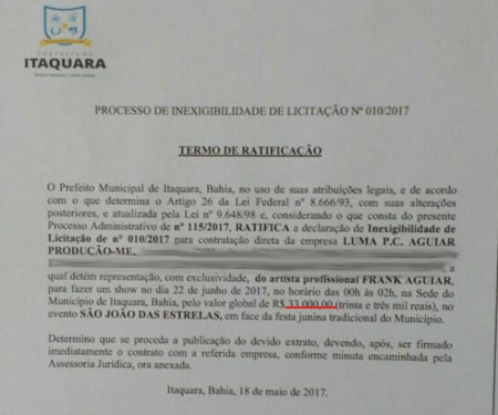 Prefeitura de Barra da Estiva paga o dobro do cachê de outras cidades por show de Frank Aguiar no São João