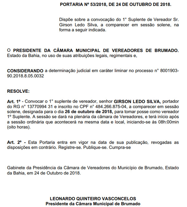 Câmara de Vereadores de Brumado - Portarias Nºs 52 e 53/2018