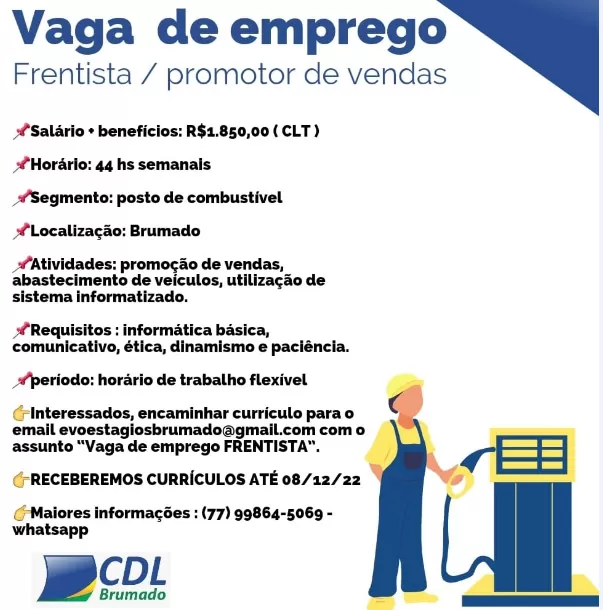 Brumado: Evoestágio divulga vagas de emprego para Frentista e Promotor de Vendas 