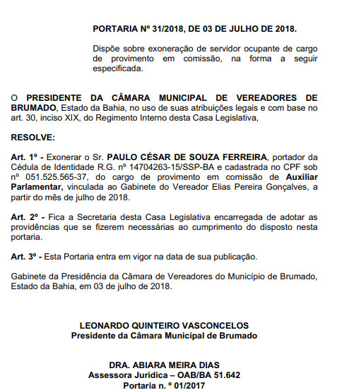 Câmara de Vereadores de Brumado - Portarias Nº 31/2018 e Nº 32/2018