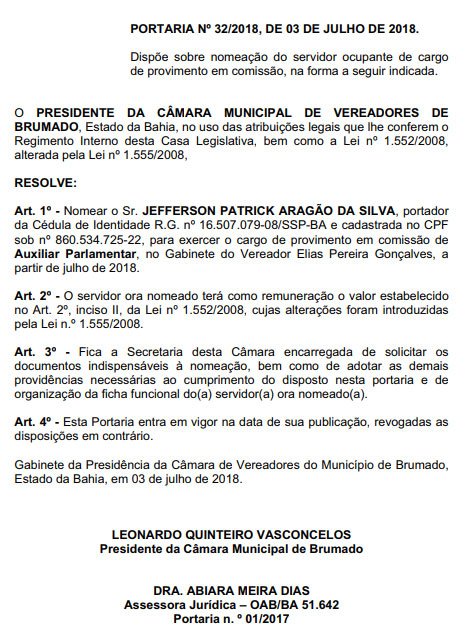 Câmara de Vereadores de Brumado - Portarias Nº 31/2018 e Nº 32/2018