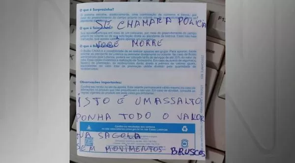 Ladrão anuncia assalto com bilhete de jogo em Casa Lotérica de Ubatã, BA