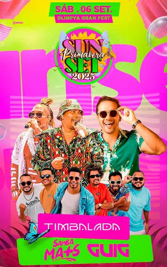 Neste sábado (6) tem o Primavera Sunset em Brumado, com Timbalada, Guig Guetto e Samba Mais, em evento open food e open bar