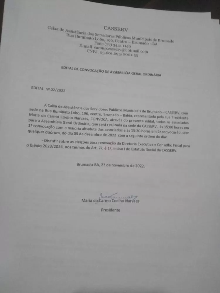 Brumado: CASSERV convoca associados para Assembleia Geral 