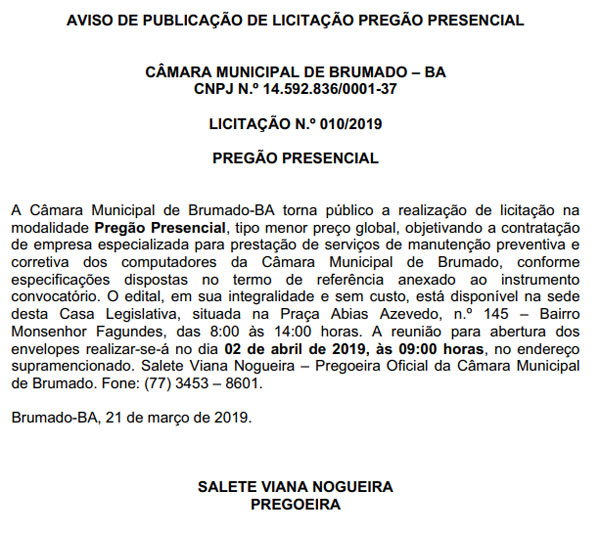 Câmara de Vereadores de Brumado - Aviso De Publicação De Licitação Pregão Presencial N.º 010/2019
