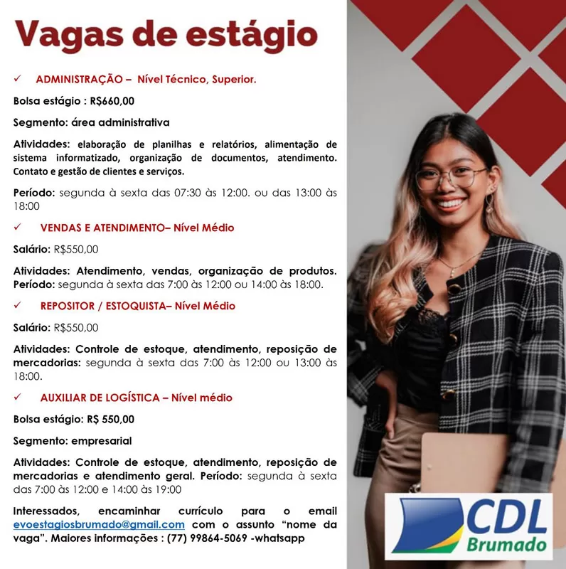 Oportunidades de estágio remunerado estão disponíveis em Brumado