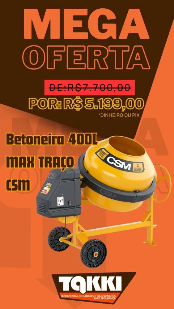 TAKKI Ferramentas anuncia betoneira 400L por R$ 5.199 em promoção especial