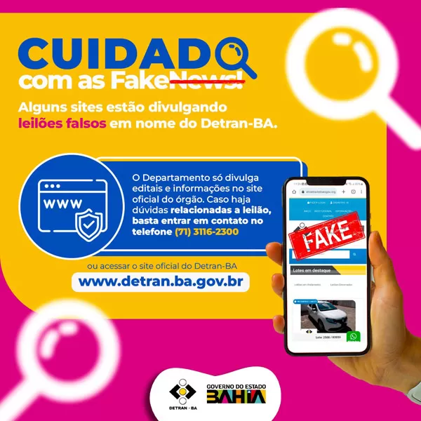 Detran-BA alerta sobre tentativa de golpe em site falso de leilão