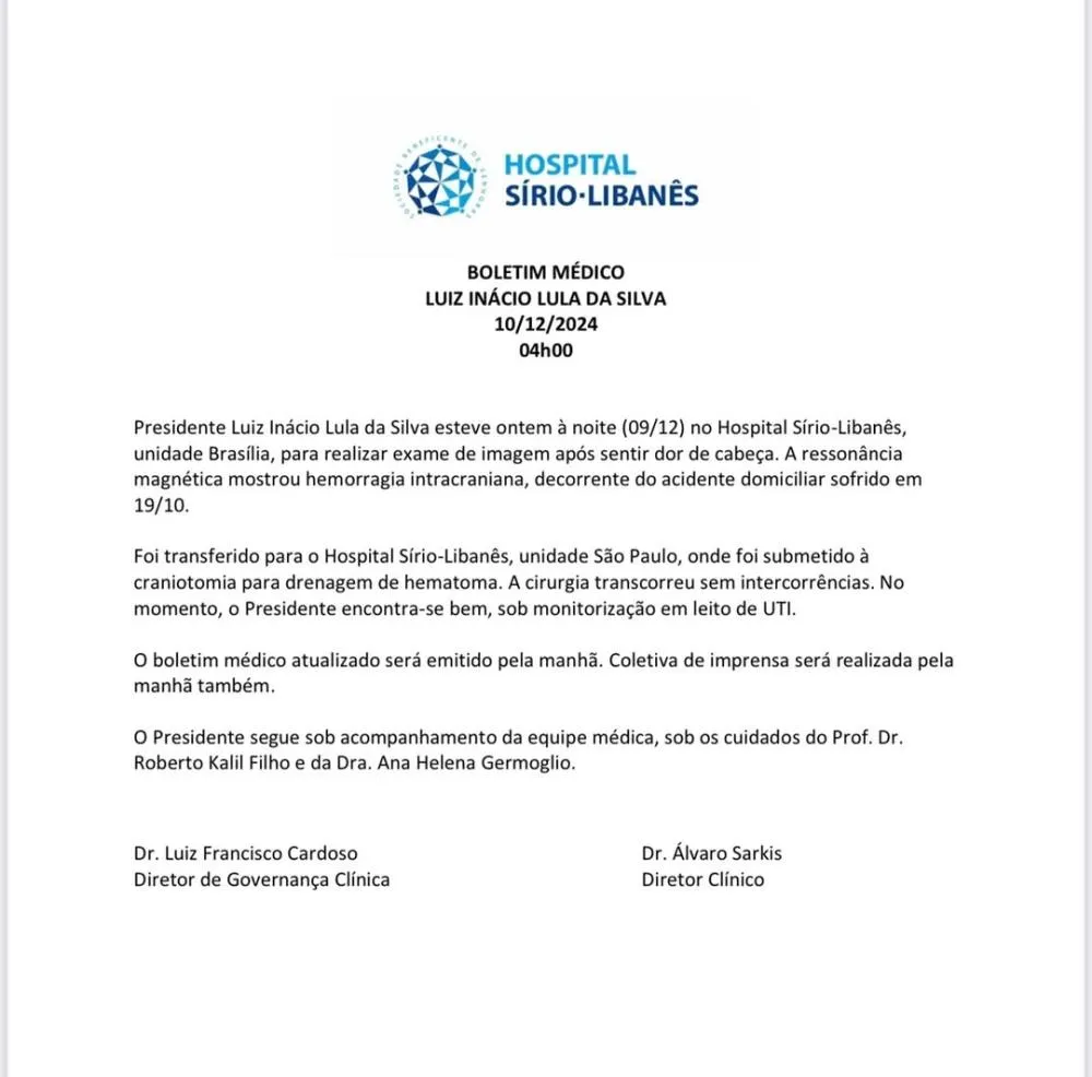 Presidente Lula passa por cirurgia para drenagem de hematoma após hemorragia intracraniana