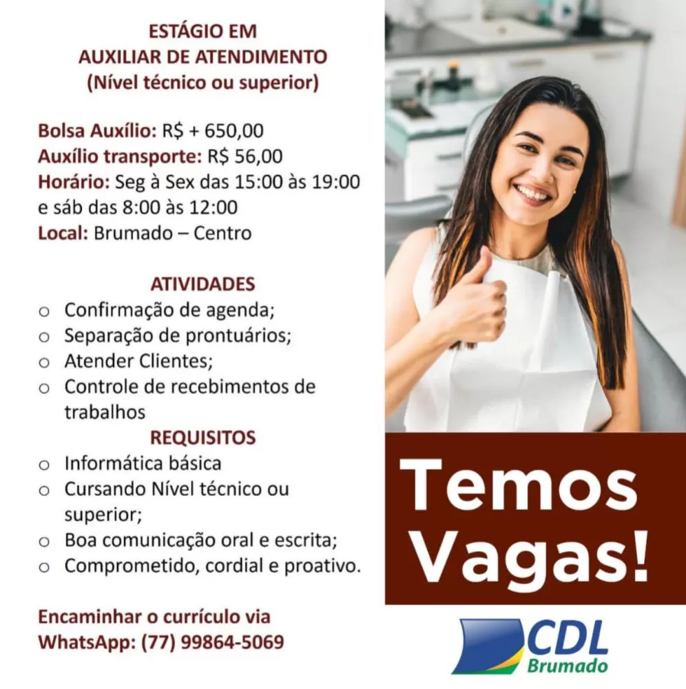 Oportunidade de Estágio em Auxiliar de Atendimento em Brumado