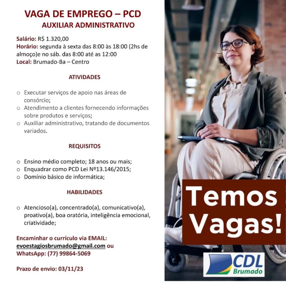Vaga de Emprego para Pessoas com Deficiência (PCD) - Auxiliar Administrativo em Brumado