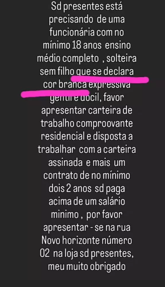 Anúncio de vaga de emprego em loja de Caetité gera revolta e repúdio por critérios racistas
