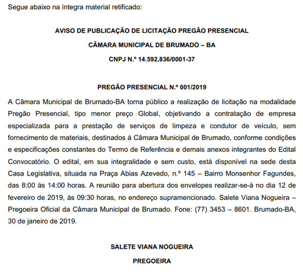 Republicação Com Correção Do Aviso De Publicação De Licitação Pregão Presencial N.º 001/2019