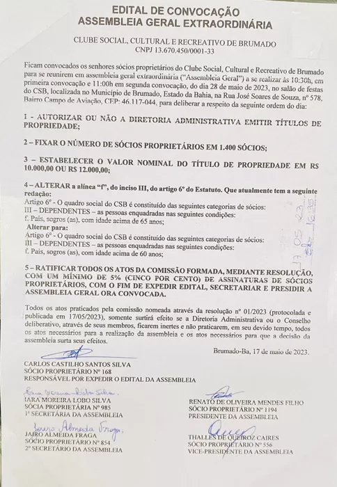 Sócios proprietários do Clube Social de Brumado convocam Assembleia Geral Extraordinária