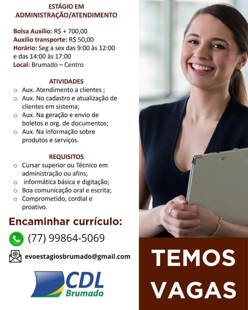 Oportunidade de Estágio em Administração/Atendimento em Brumado