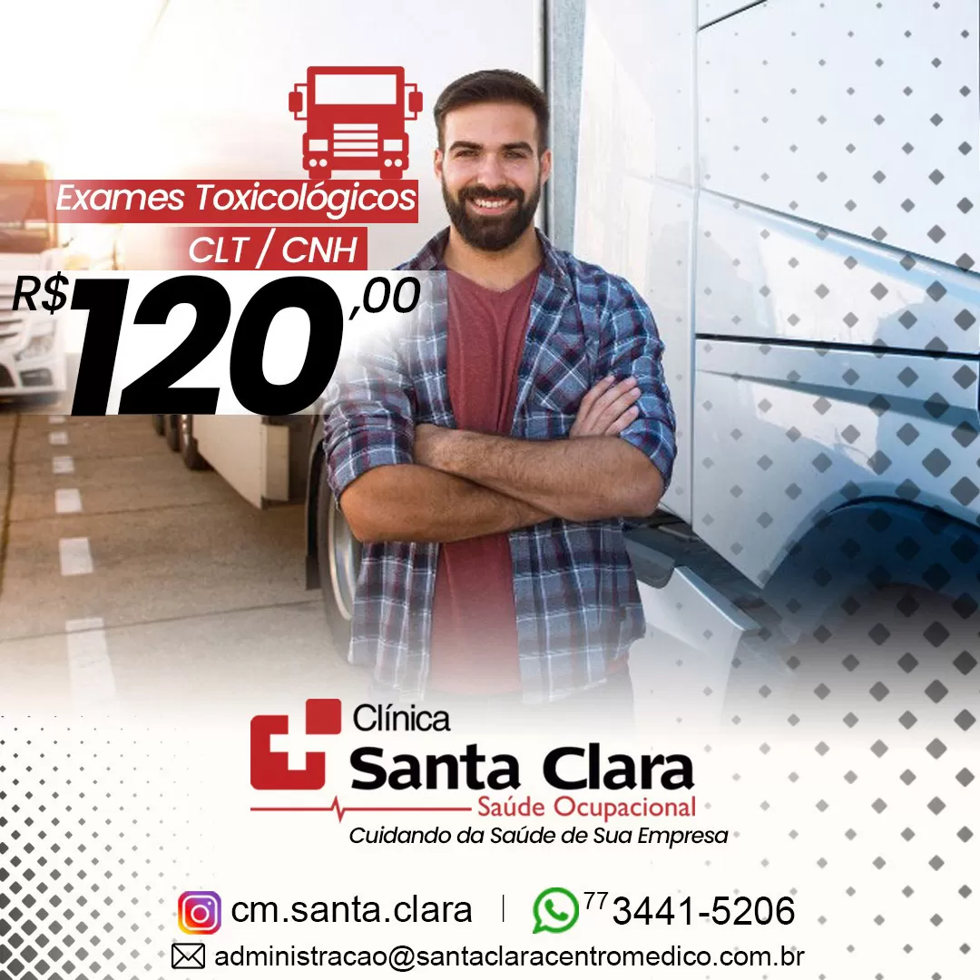 Realize seu Exame Toxicológico na Clínica Santa Clara por somente R$ 120 reais