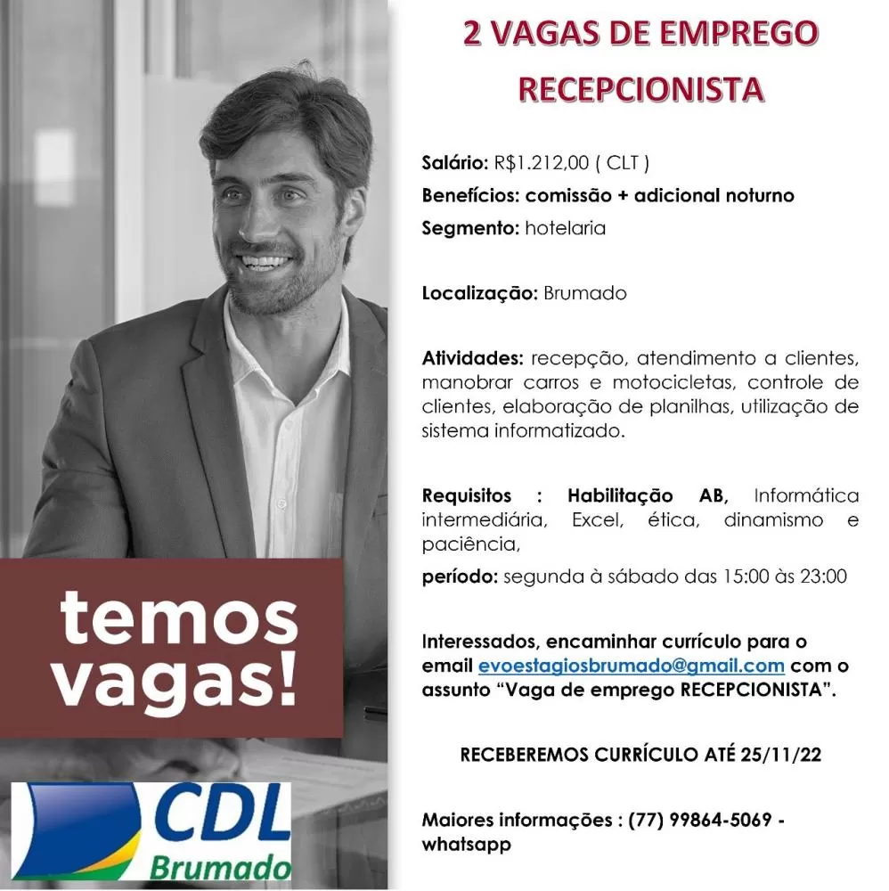 Brumado: Evoestágio está com 2 vagas para Recepcionista