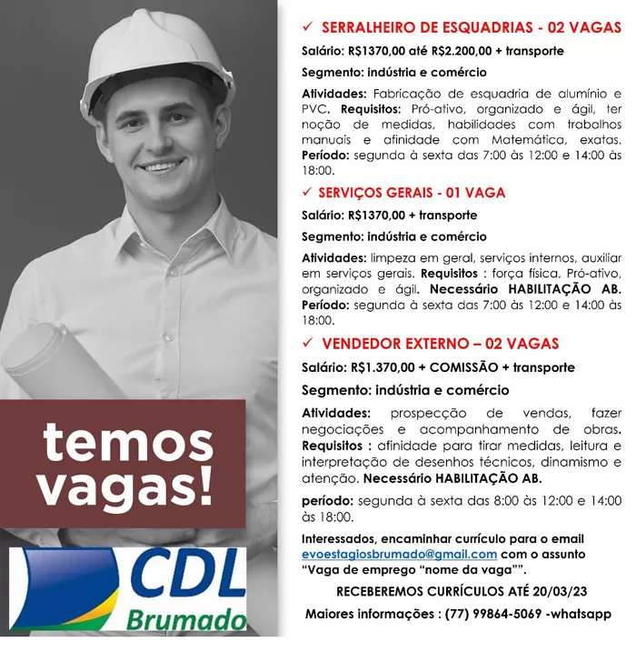 CDL de Brumado anuncia oportunidades de emprego em indústria e comércio