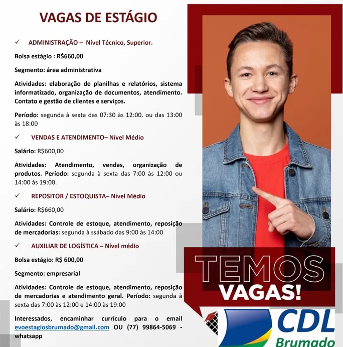 Oportunidades de estágio em diversas áreas disponíveis em Brumado