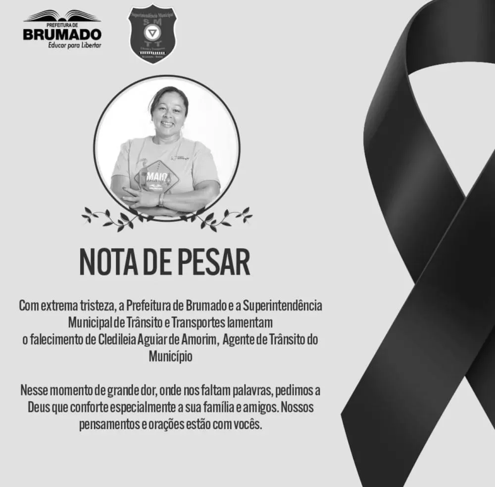 Prefeitura de Brumado e SMTT emitem nota de pesar pelo falecimento da Agente de Trânsito Cledileia Aguiar de Amorim